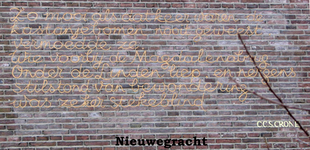 833245 Afbeelding van een tekstfragment van de Utrechtse schrijver C.C.S. Crone (1914-1951), geschilderd op de zijgevel ...